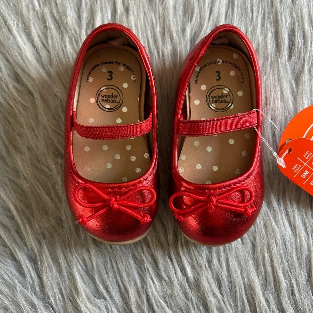 Wonder Nation Bow Ballet Shoes Baby Girls Size 3 Red Mary‎ Jane Slip On NEW